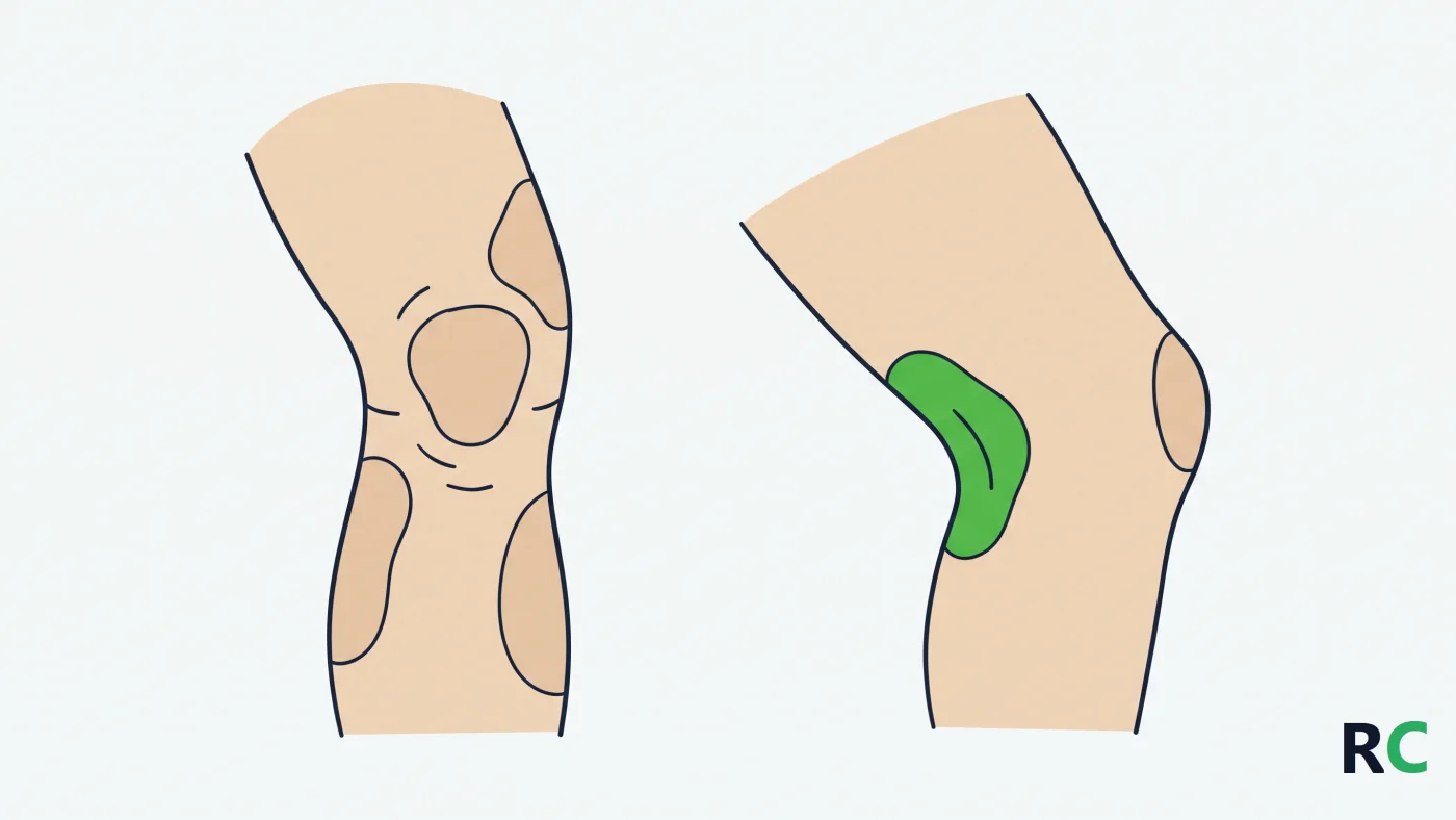 Ilustração do joelho visto de frente e de lado, com as quatro regiões onde a dor costuma se concentrar destacadas