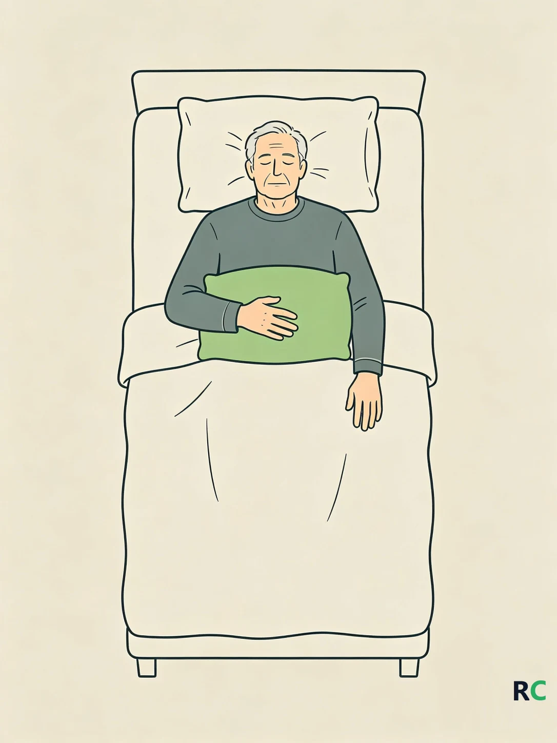 Ilustração de pessoa idosa deitada de costas com o braço apoiado sobre um travesseiro na altura do abdômen