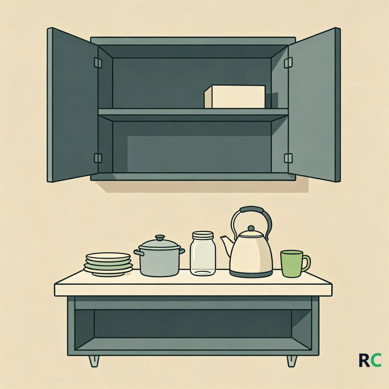 Ilustração de armário de cozinha com os objetos de uso diário transferidos da prateleira alta para a altura do peito