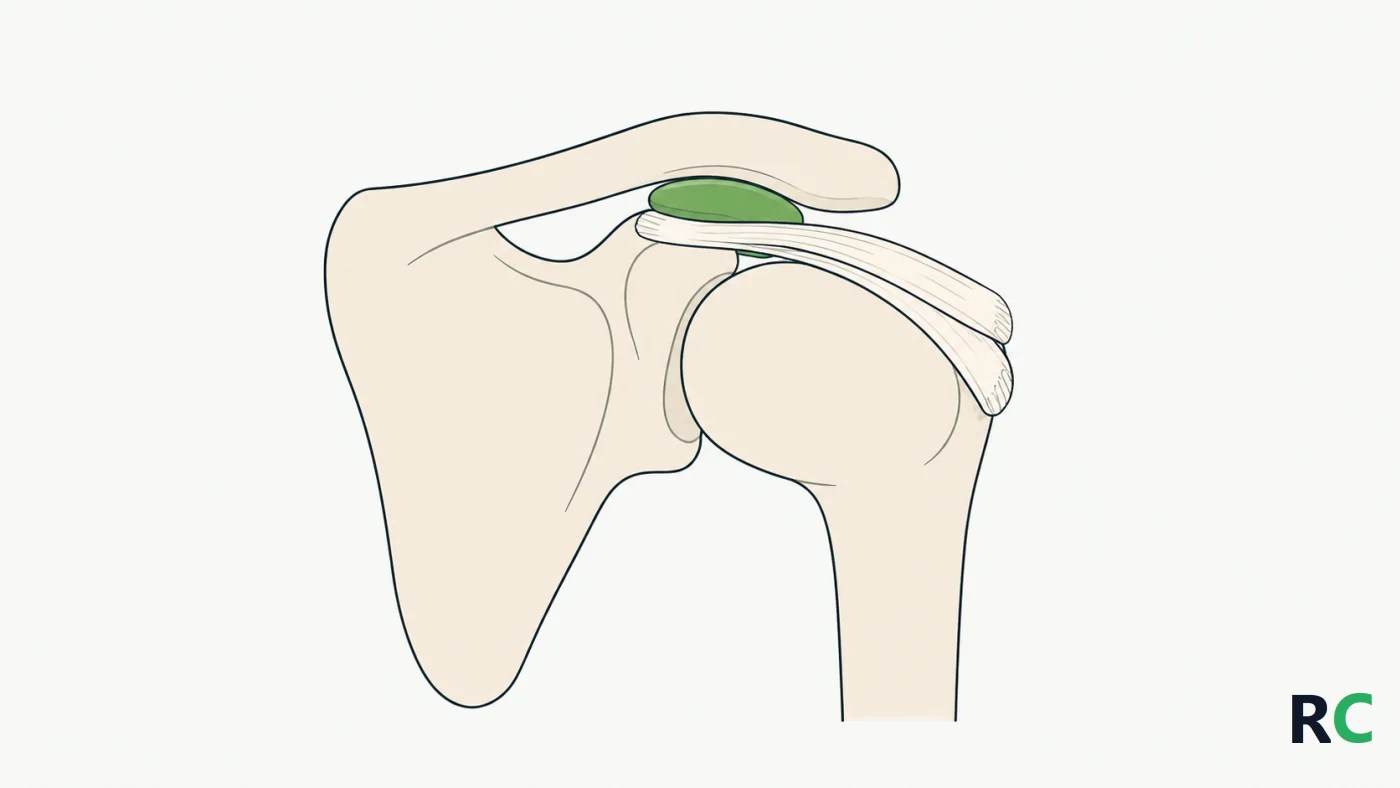Ilustração do ombro em corte mostrando os tendões do manguito rotador passando embaixo do acrômio