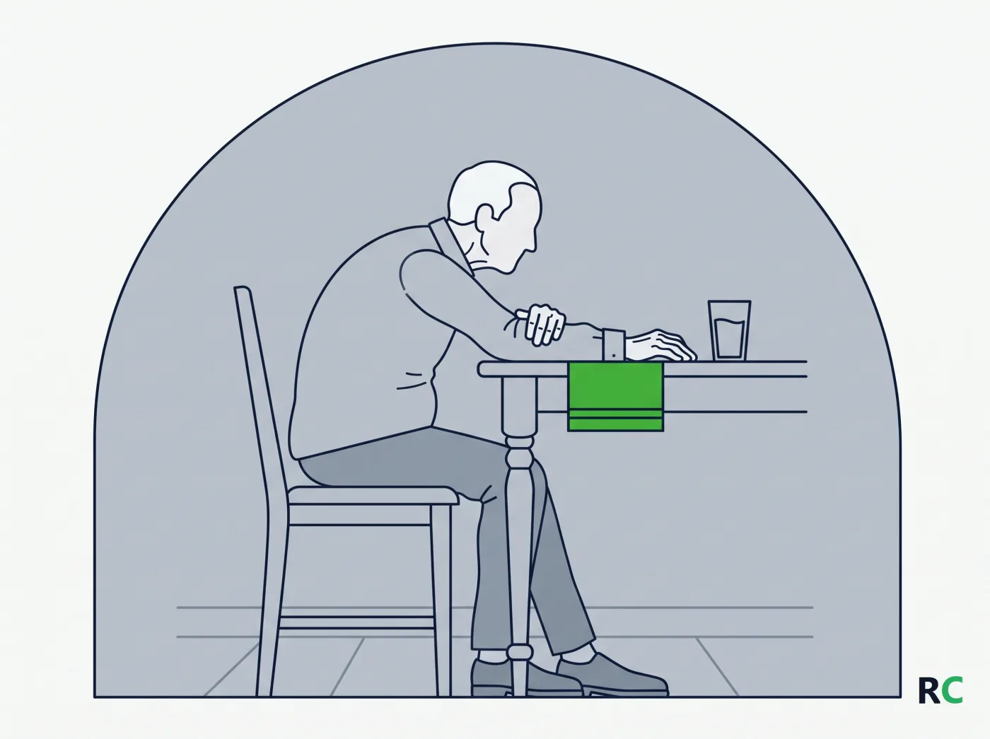 Ilustração de idoso de perfil sentado inclinado à frente com os braços na mesa