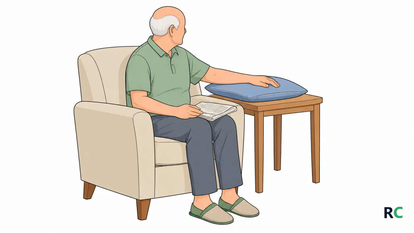 Ilustração de senhor sentado numa poltrona com o braço afetado apoiado num travesseiro sobre a mesa à frente, a mão aberta e os dois pés apoiados no chão