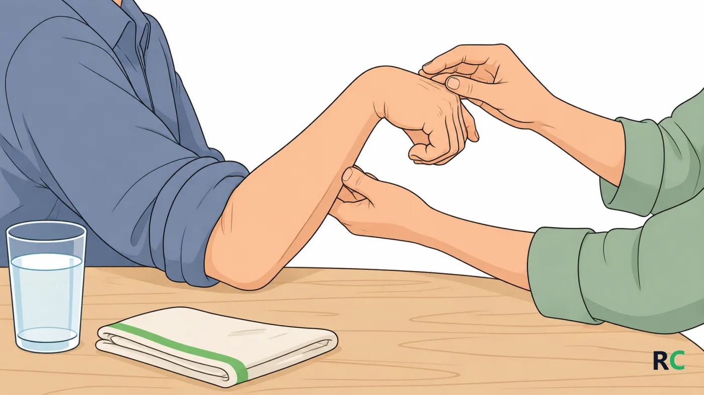 Ilustração do braço afetado pelo AVC com o cotovelo dobrado junto ao peito e a mão fechada, enquanto outra mão segura o punho por baixo e o leva devagar para cima