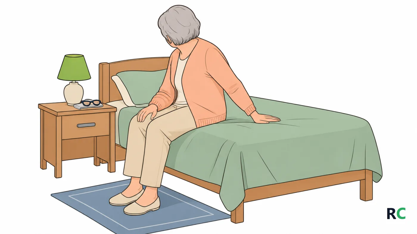 Ilustração de senhora sentada na beira da cama, com os pés no chão e a mão afetada espalmada no colchão ao lado do quadril, inclinando o corpo para esse lado