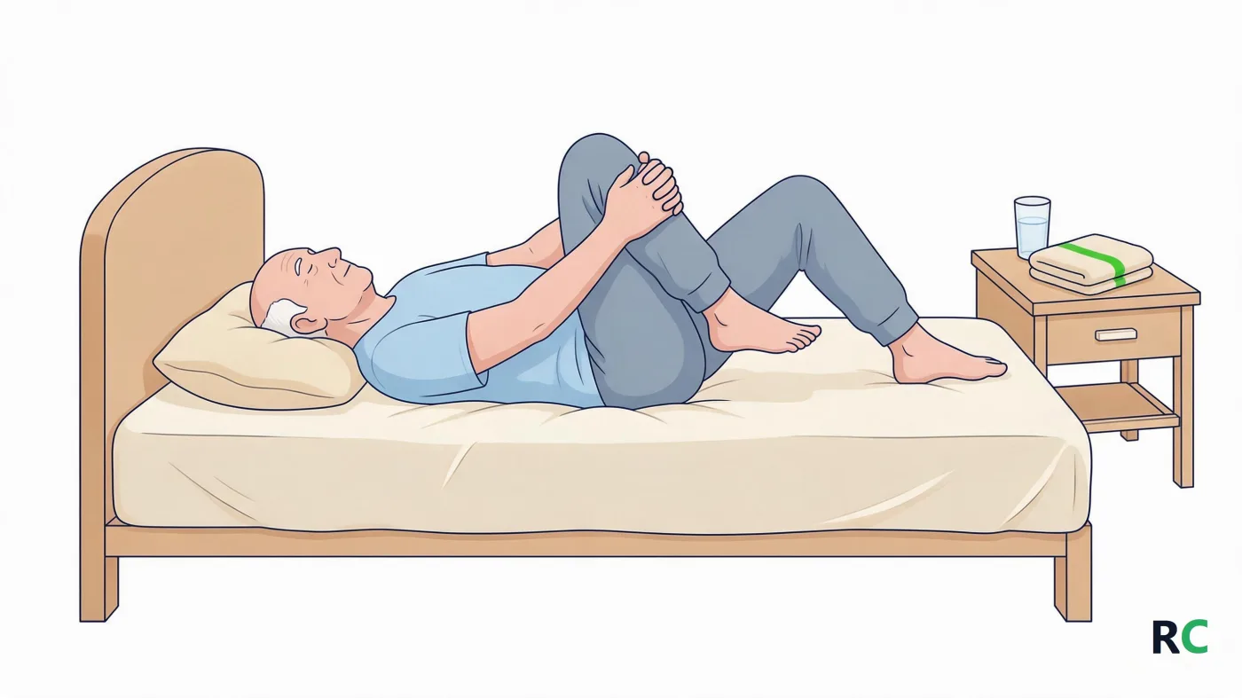 Ilustração de senhor deitado de costas numa cama, abraçando um dos joelhos com as duas mãos e trazendo a perna em direção ao peito, com a outra perna dobrada e o pé apoiado no colchão