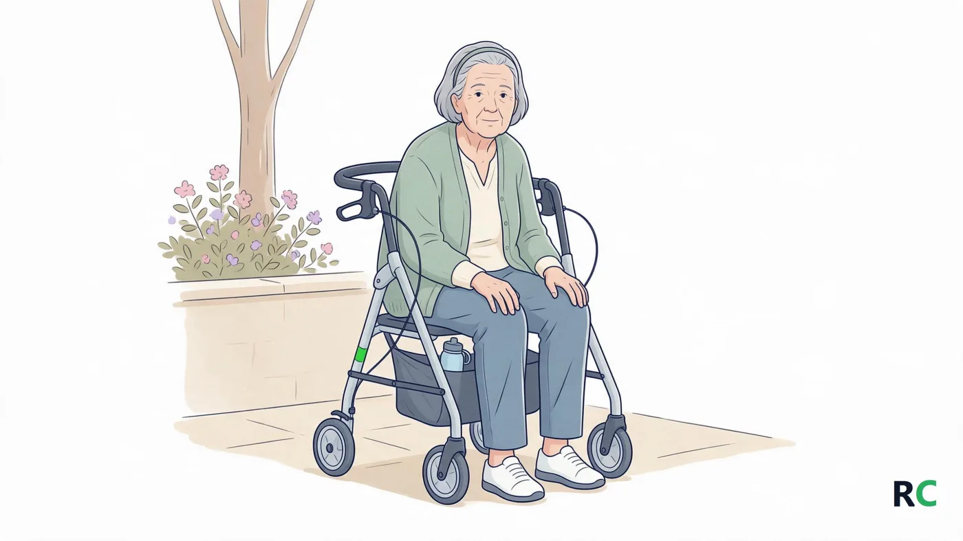 Ilustração de senhora na calçada sentada no assento do seu andador de quatro rodas, com as mãos nos joelhos, descansando no meio da caminhada