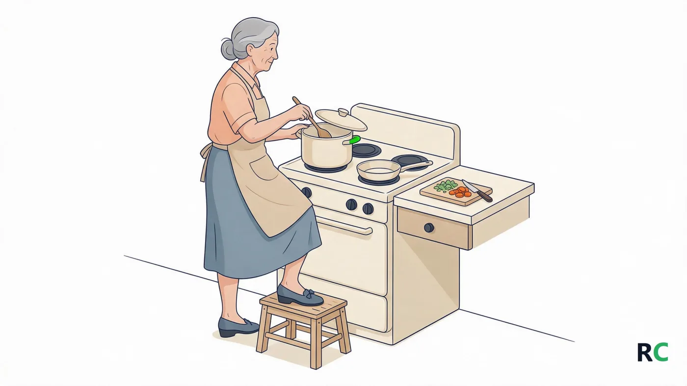 Ilustração de senhora cozinhando em pé diante do fogão, com um dos pés apoiado num banquinho baixo de madeira e o outro no chão