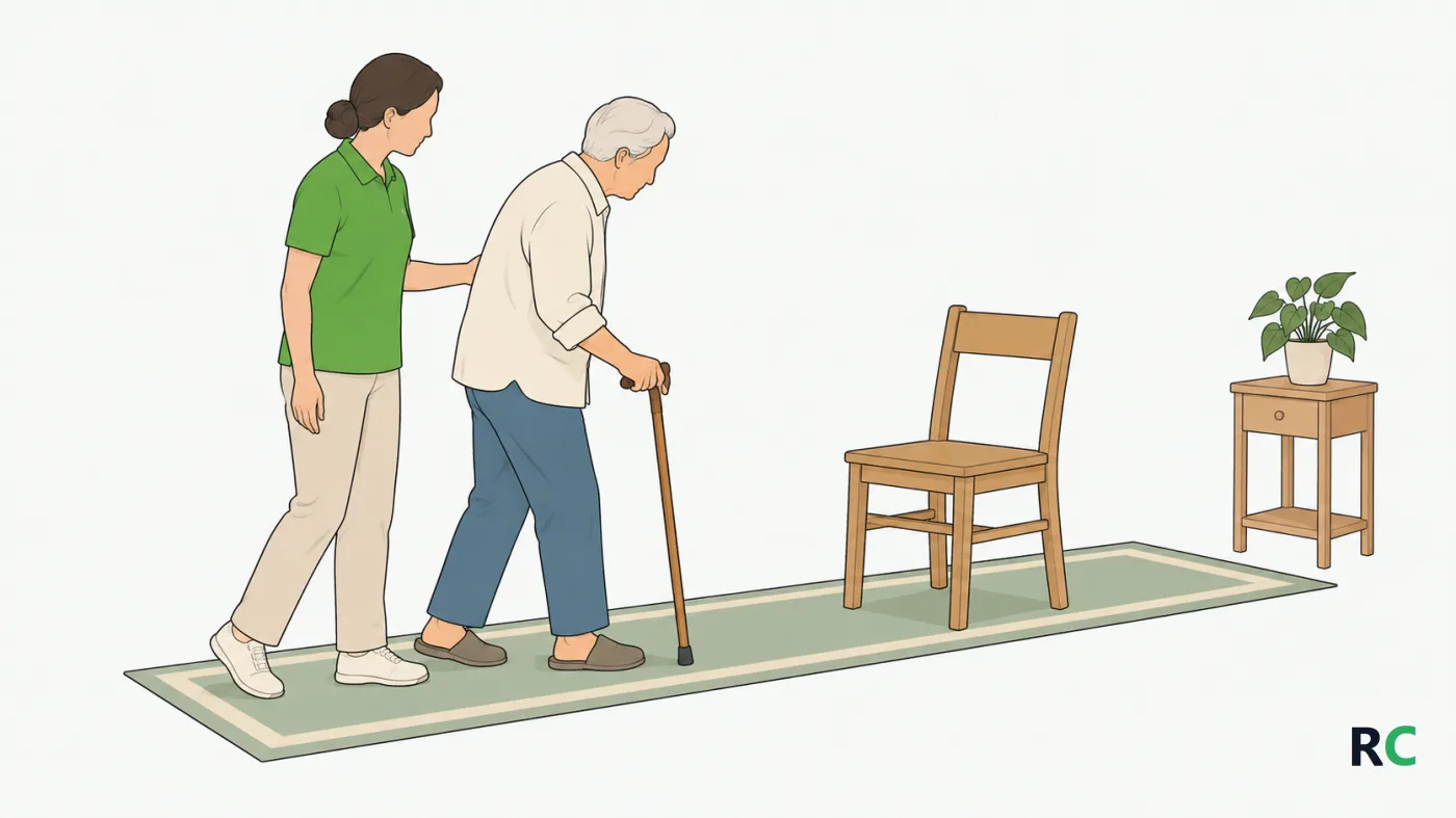 Ilustração de senhor idoso caminhando devagar pelo corredor de casa com uma bengala, acompanhado de perto pela fisioterapeuta, com uma cadeira colocada no meio do caminho para a pausa