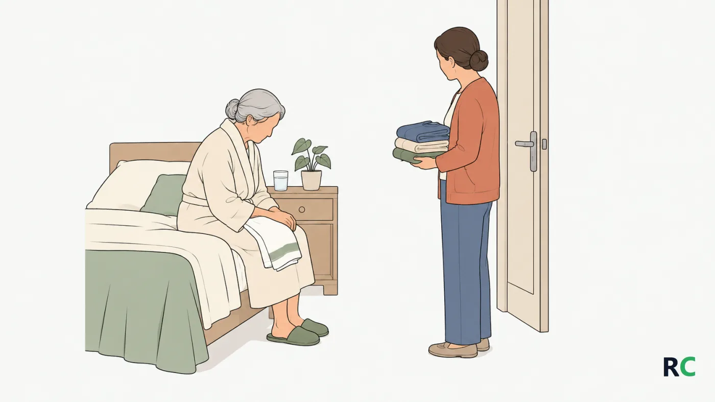 Ilustração de senhora idosa sentada na beira da cama, de roupão, com a toalha no colo e os ombros caídos depois do banho, enquanto a filha, de pé na porta do quarto, segura uma muda de roupa dobrada