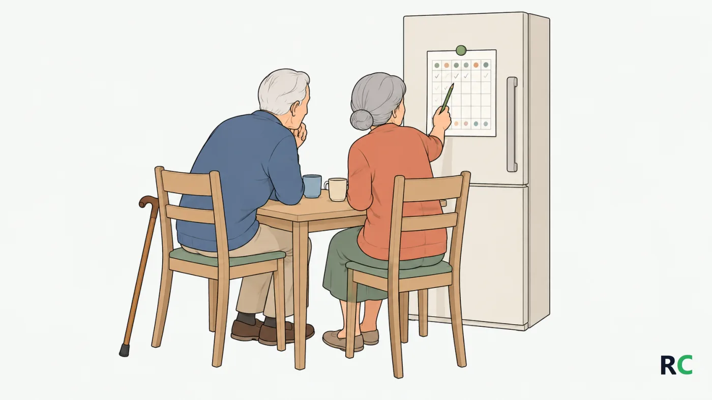 Ilustração de senhor idoso sentado à mesa da cozinha com a esposa, os dois olhando uma folha quadriculada presa na porta da geladeira, com os horários do dia e pequenas marcas de cansaço anotadas a lápis