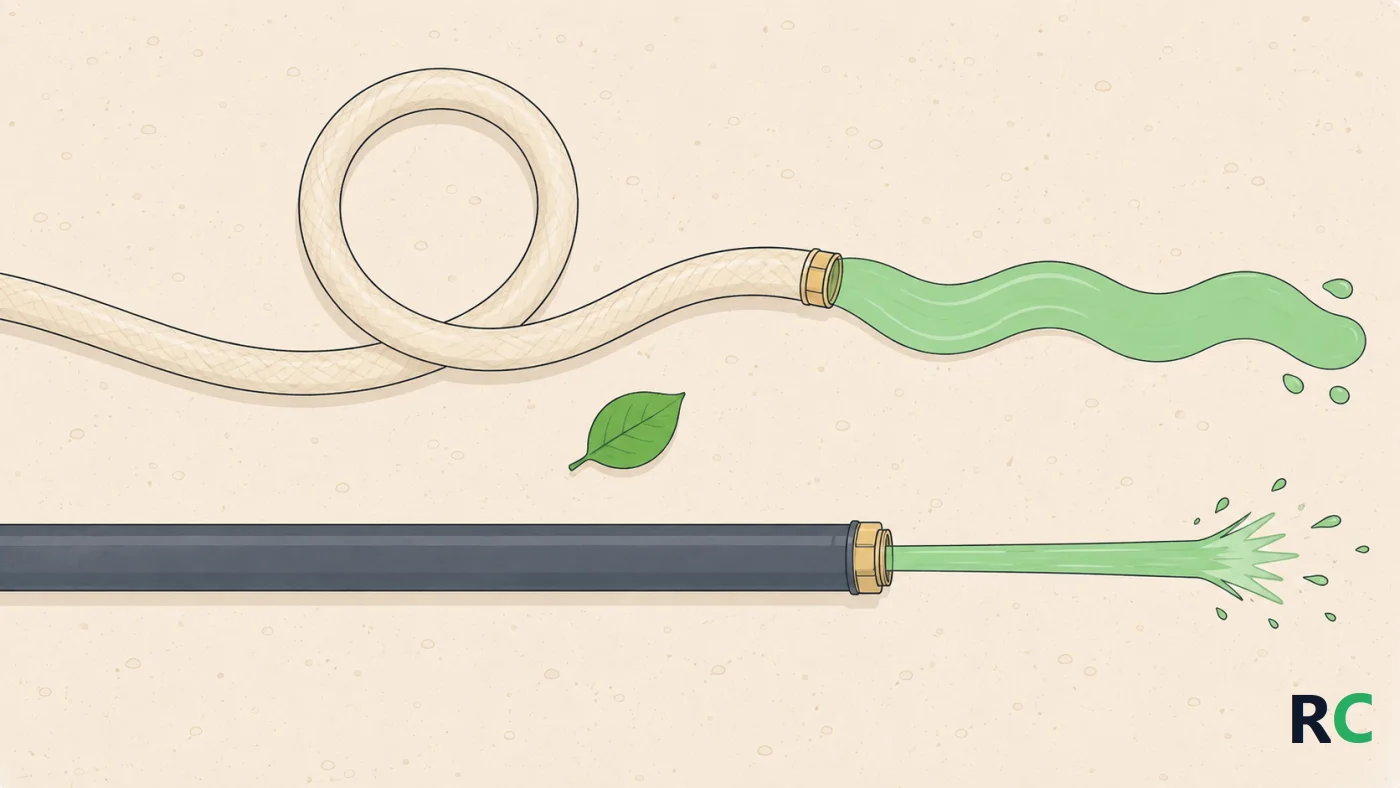 Ilustração comparando uma mangueira flexível e uma mangueira endurecida, representando a artéria que perde elasticidade