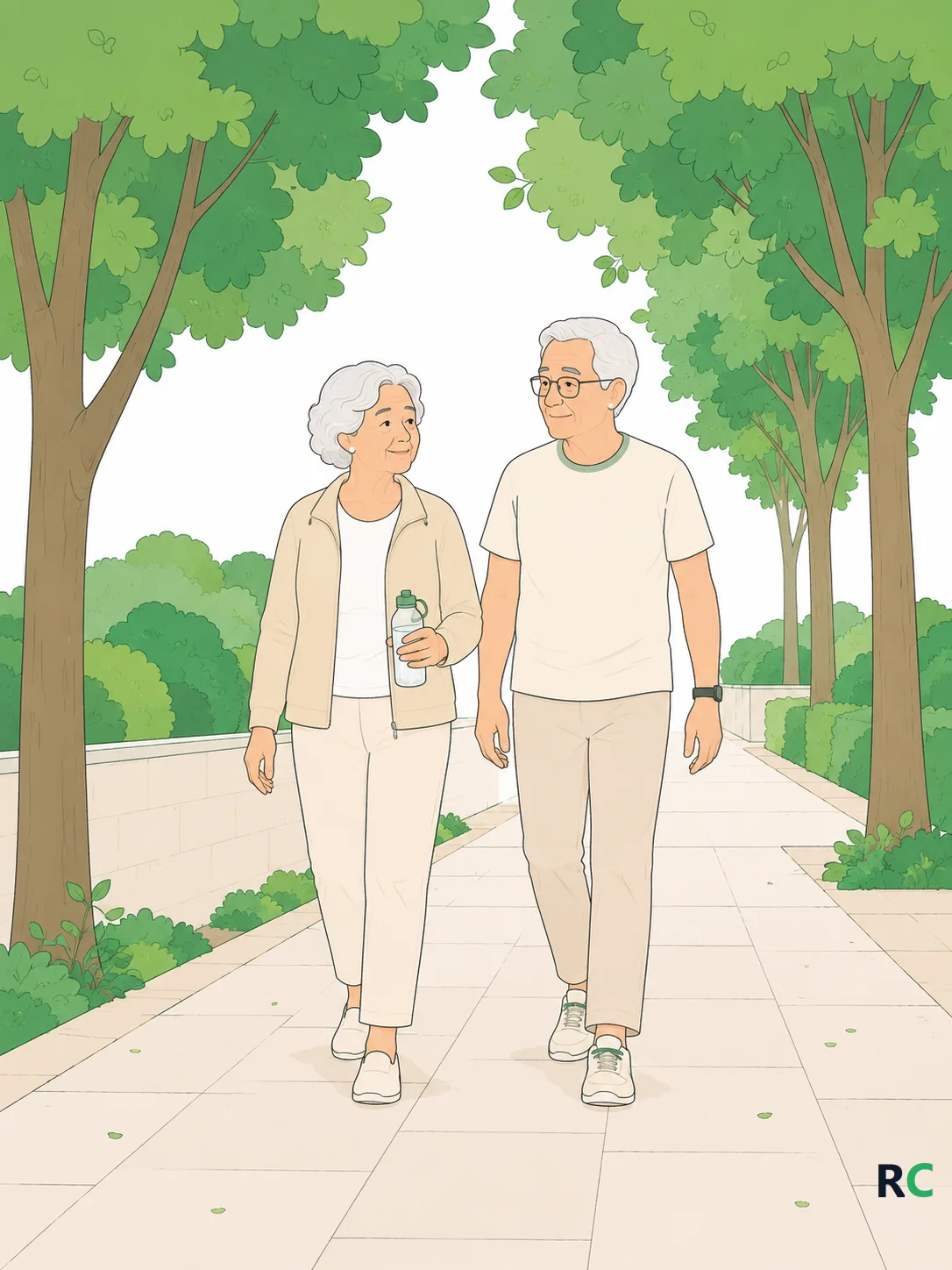 Ilustração de casal de idosos caminhando lado a lado em calçada arborizada