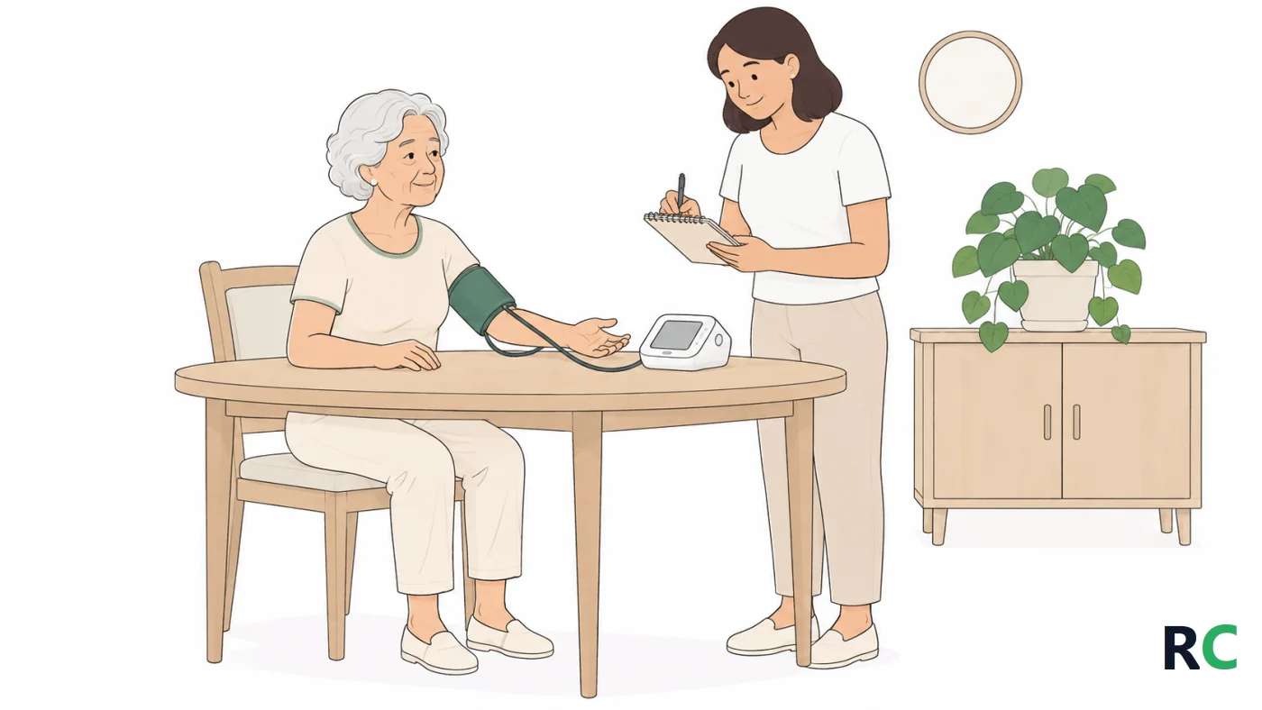Ilustração de idosa sentada com o braço apoiado na mesa e o manguito do aparelho digital no braço