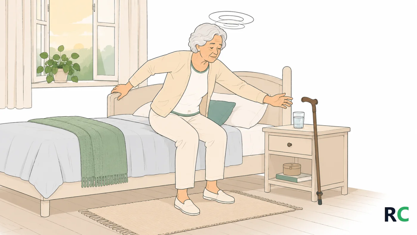 Ilustração de idoso apoiando a mão na cabeceira da cama ao se levantar, com sinal de tontura