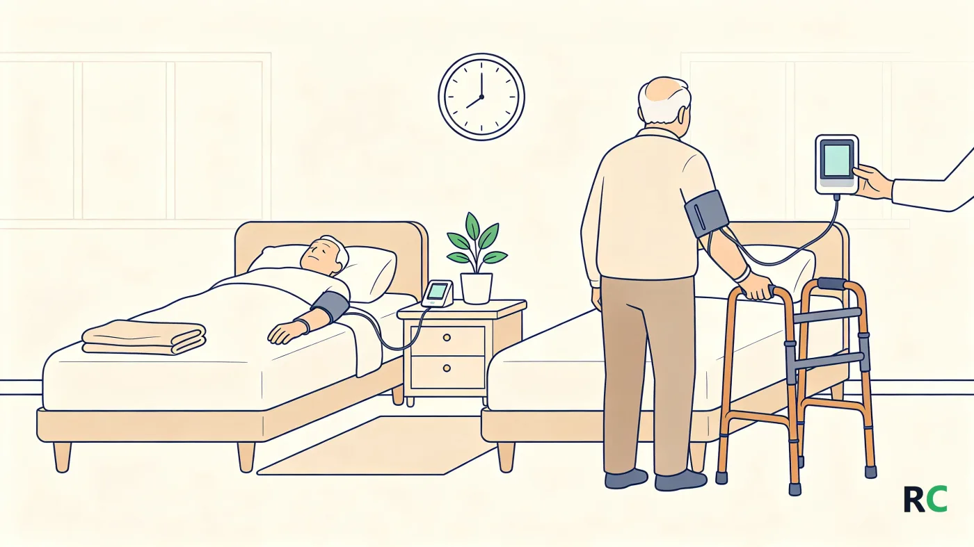 Ilustração da medida de pressão feita com a pessoa deitada na cama e depois em pé ao lado dela, com o aparelho de braço nas duas posições