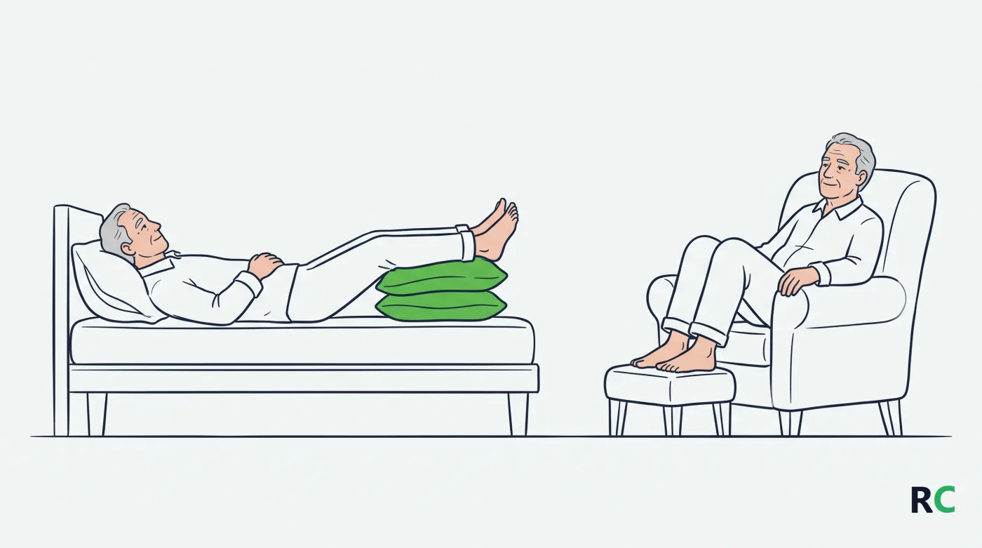 Ilustração de idoso deitado na cama com dois travesseiros embaixo da panturrilha e o calcanhar solto no ar, ao lado da mesma pessoa sentada em poltrona, com o joelho dobrado e os pés apoiados abaixo da linha do quadril