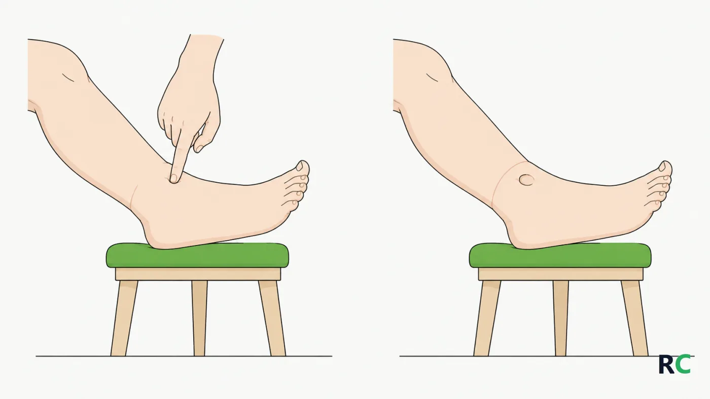 Ilustração de dedo pressionando a pele acima do tornozelo inchado e a cova que permanece na pele depois de retirado o dedo