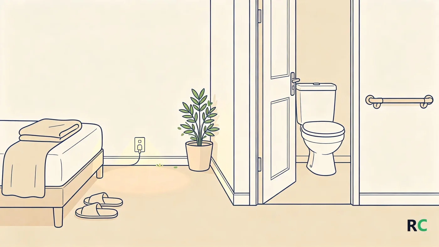Ilustração do caminho da cama até o banheiro, com chinelos no chão, luz baixa acesa junto ao rodapé e barra de apoio fixada na parede