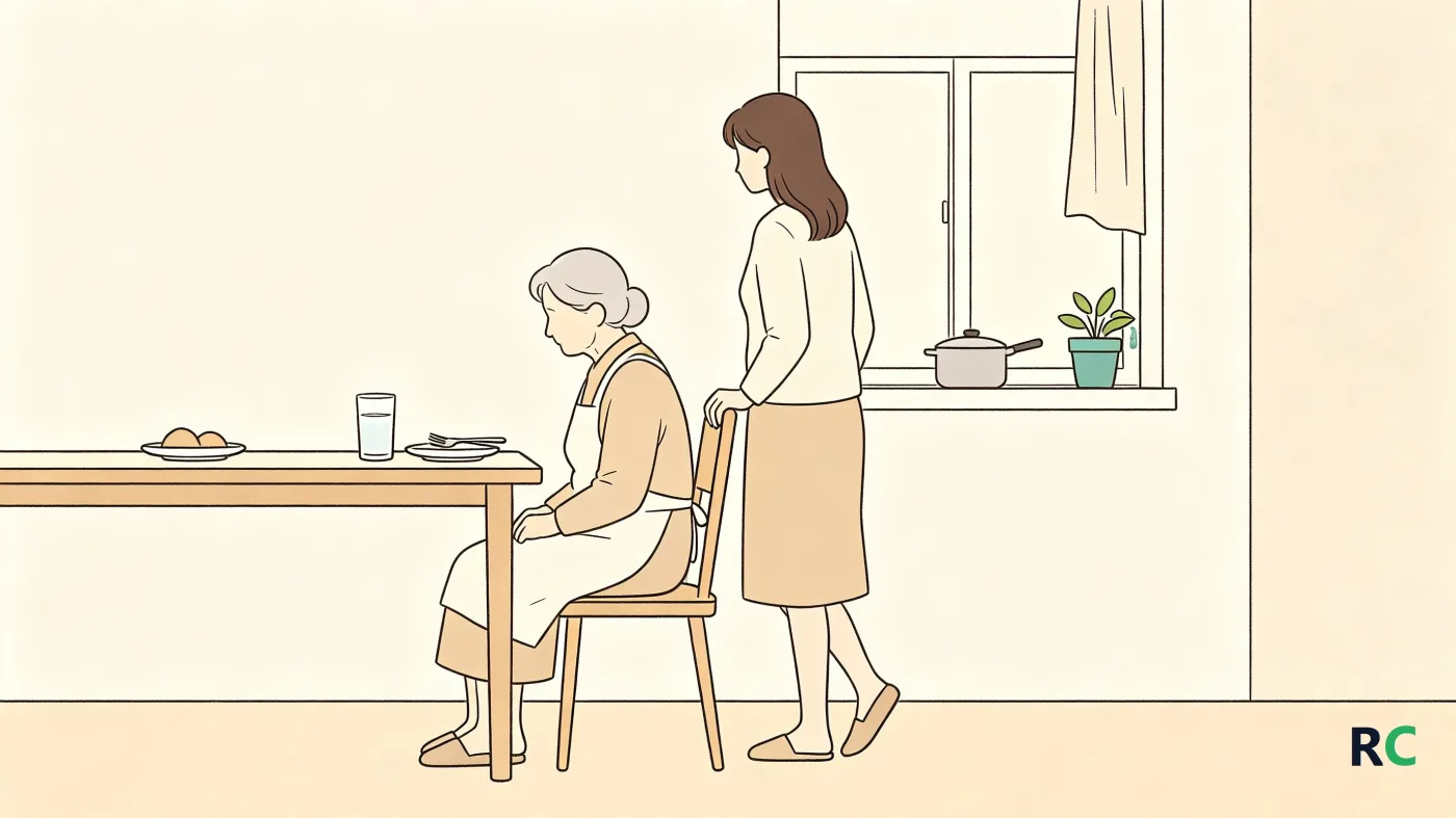 Ilustração de filha observando a mãe idosa que deixou o prato intocado à mesa, com o copo de água cheio ao lado