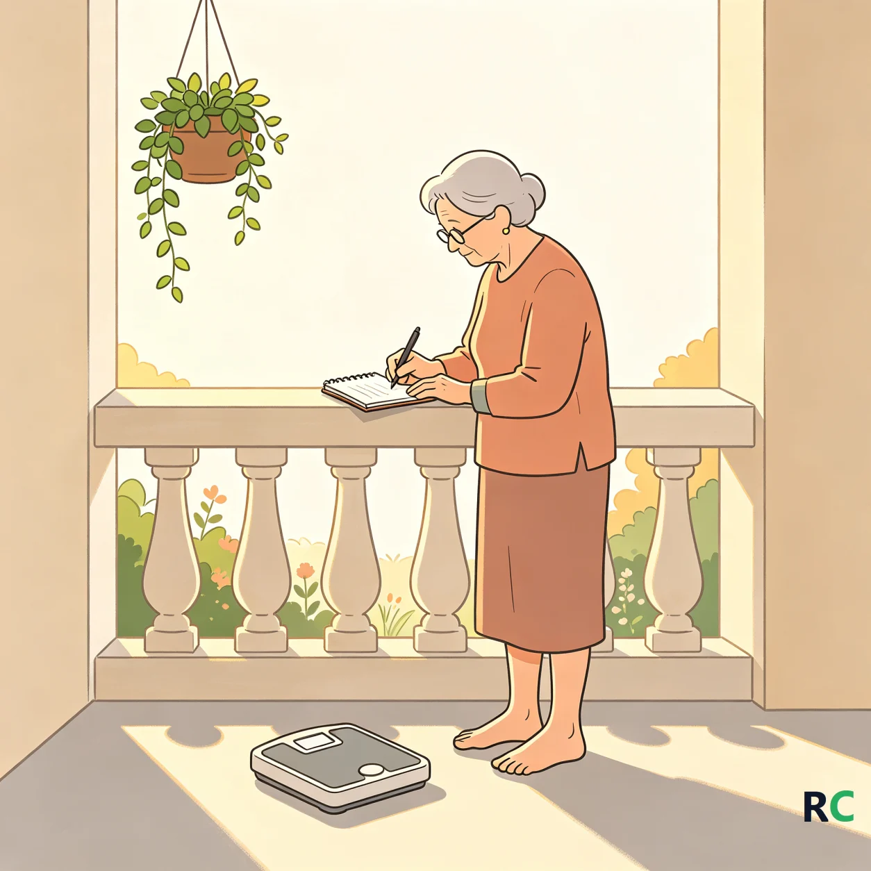 Ilustração de idosa na varanda anotando o peso em um caderno, com a balança no chão ao lado dos pés
