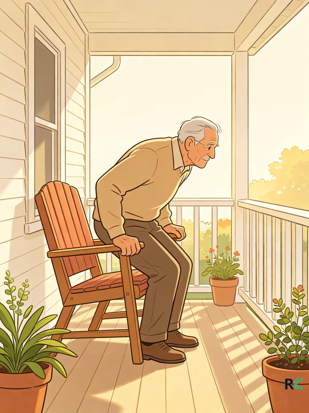 Ilustração vertical de idoso levantando-se de uma cadeira firme na varanda, com apoio dos braços e vasos de planta ao fundo