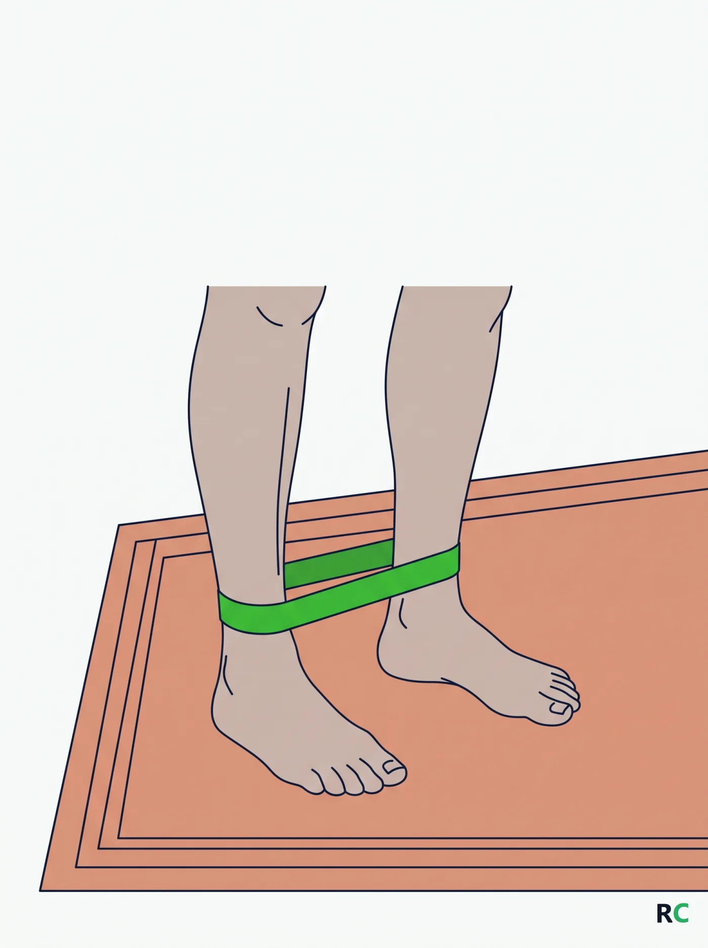 Ilustração em close de pés descalços e faixa elástica durante exercício em casa
