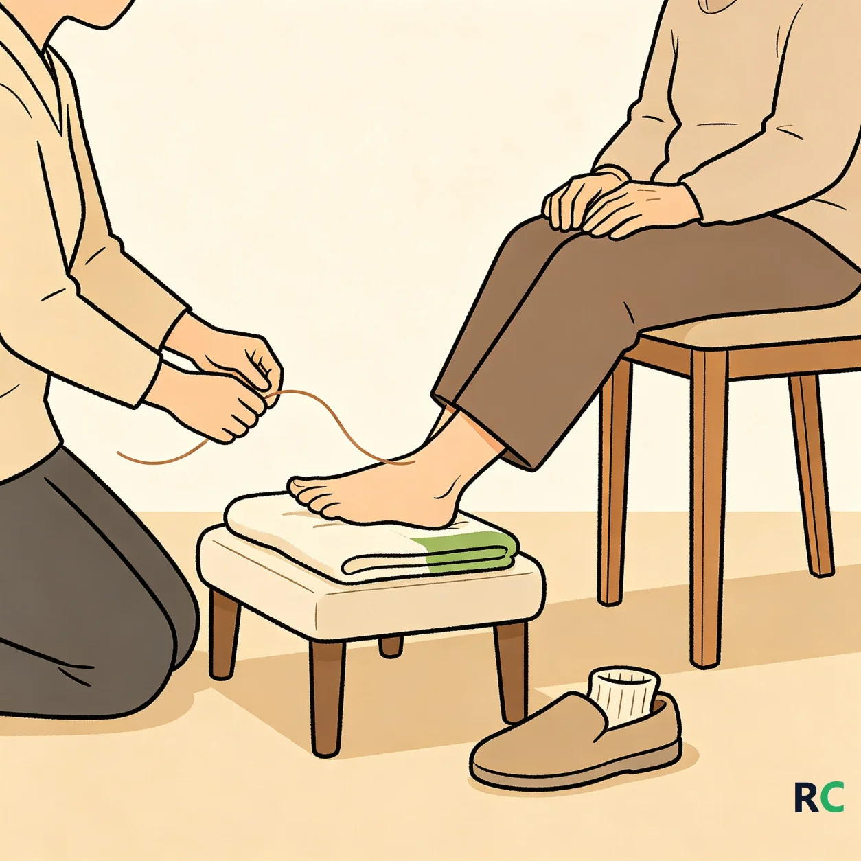 Ilustração do teste com monofilamento aplicado na planta do pé de um idoso sentado