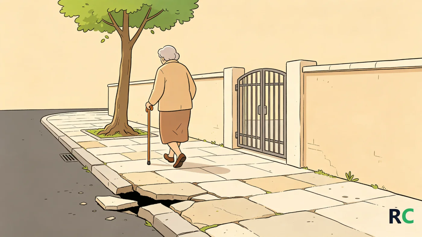 Ilustração de idoso caminhando com cautela sobre calçada irregular, com apoio de bengala