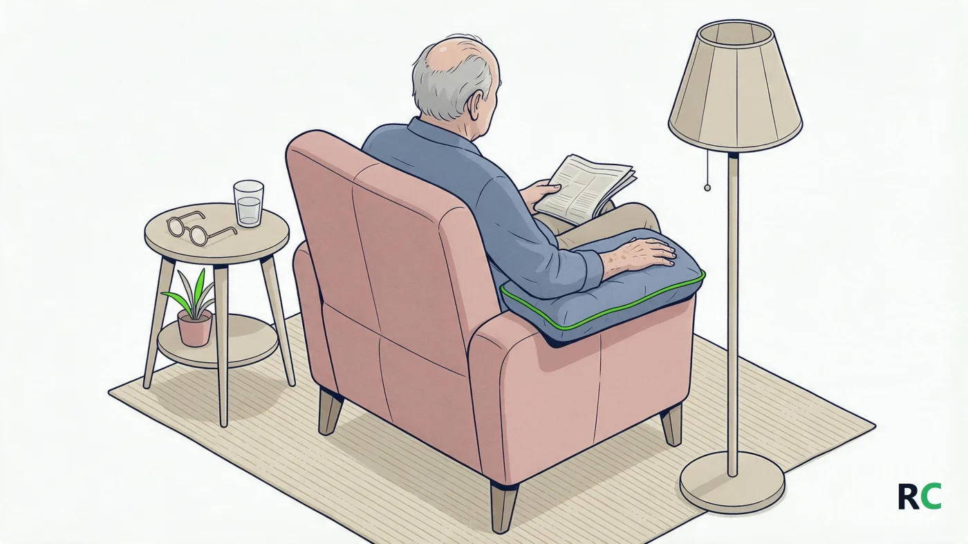Ilustração de senhor idoso sentado numa poltrona da sala, com o braço afetado apoiado sobre uma almofada firme no braço da poltrona e a mão aberta, segurando o jornal dobrado com a mão do lado bom