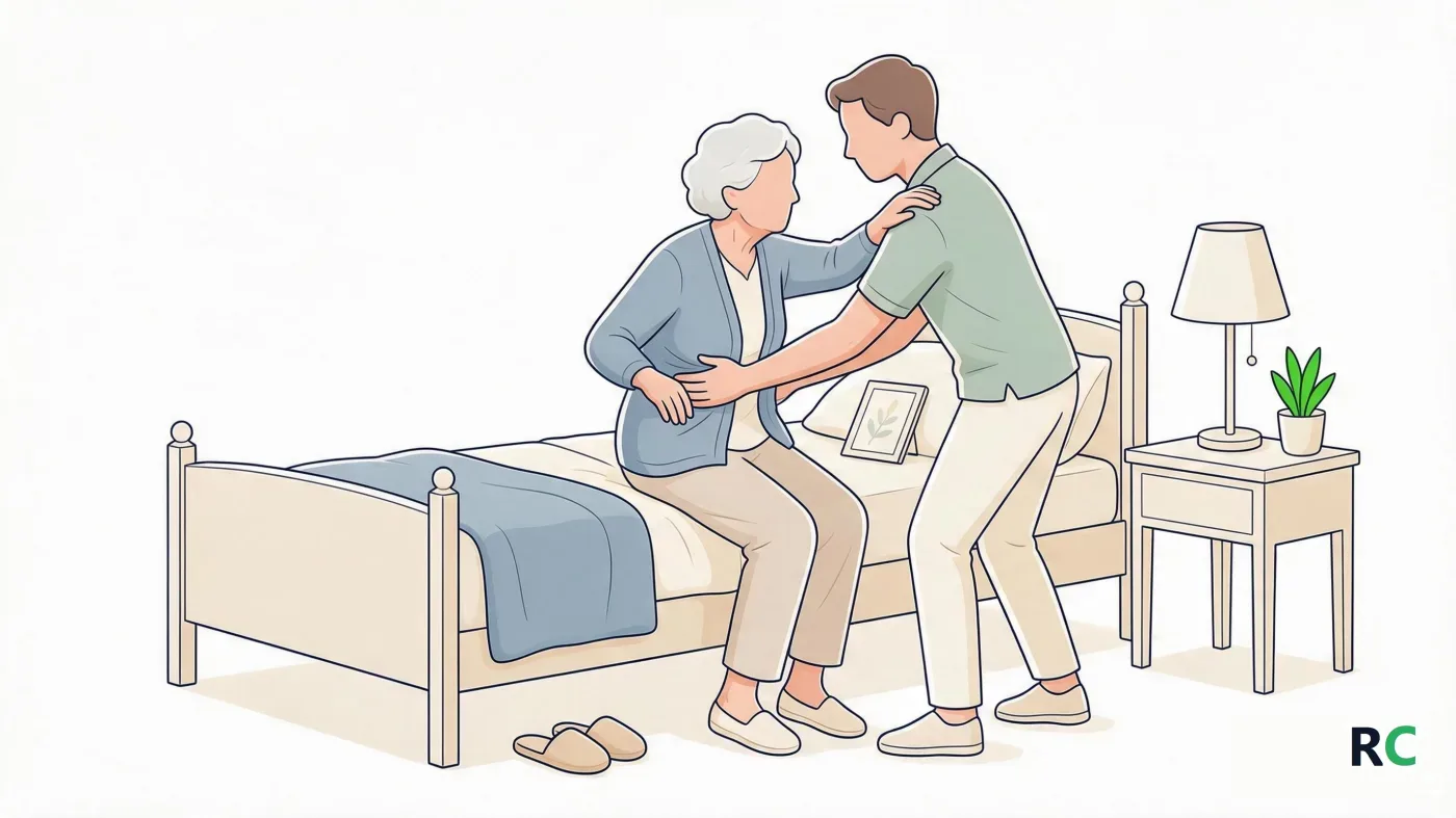 Ilustração de cuidador de camisa verde ajudando senhora idosa a levantar da beira da cama, segurando pela cintura com as duas mãos, enquanto a senhora apoia a mão do lado bom no ombro dele e o braço afetado fica junto ao corpo
