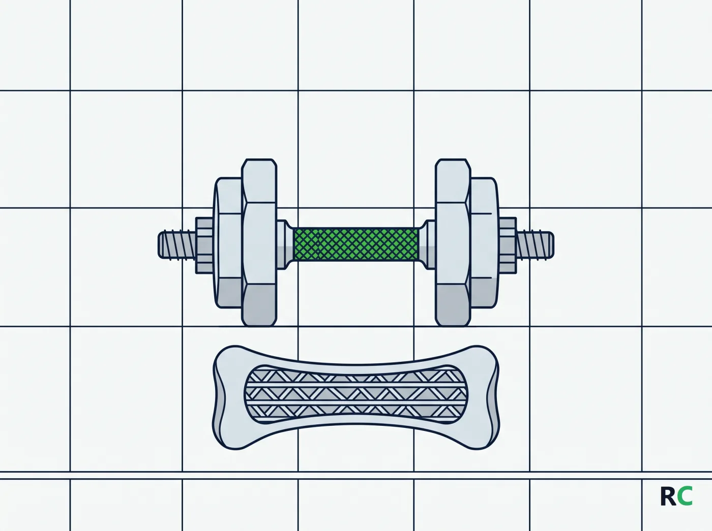 Ilustração de um haltere e um osso em corte alinhados a uma grade
