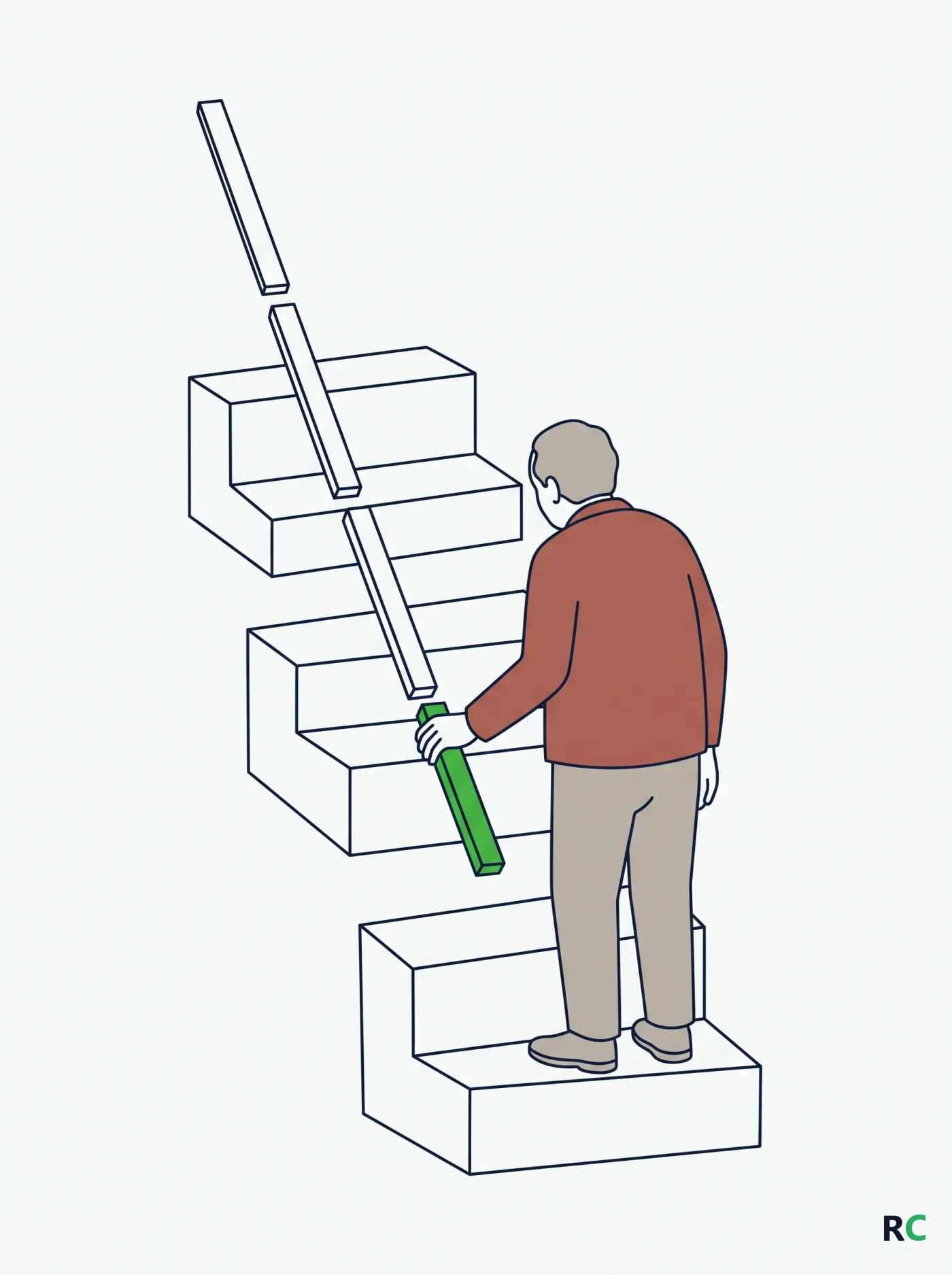 Ilustração vertical de três degraus separados com idoso apoiado no corrimão