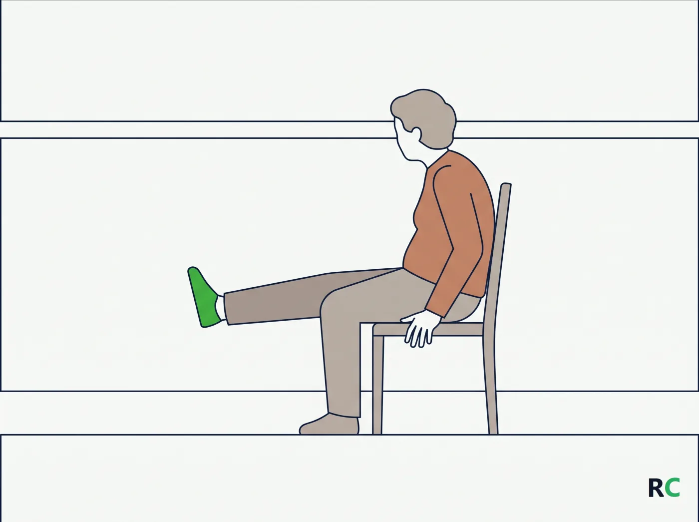 Ilustração de idoso sentado estendendo a perna em exercício de preparo