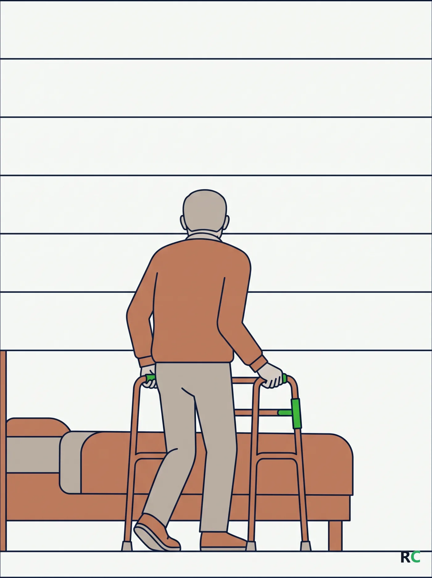 Ilustração de idoso apoiado em andador ao lado da cama