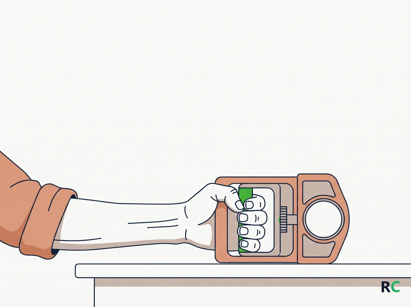 Ilustração de uma mão fechada em torno de um dinamômetro de preensão