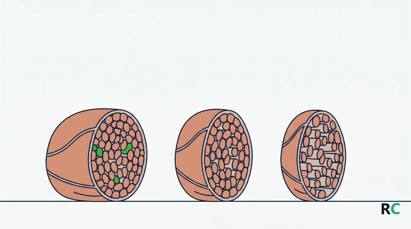 Ilustração de três cortes de músculo de espessuras diferentes sobre uma linha