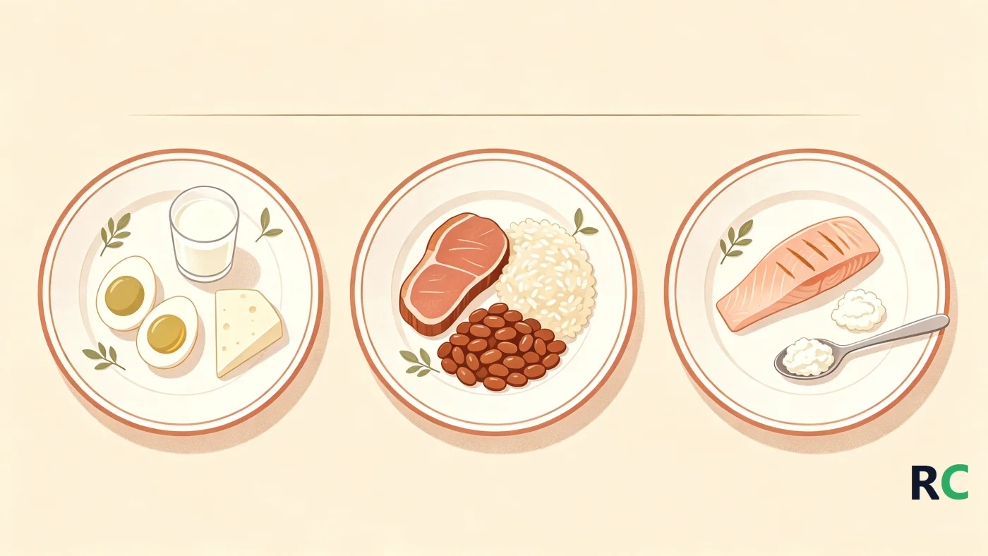 Ilustração de três pratos ao longo do dia, cada um com uma porção de proteína