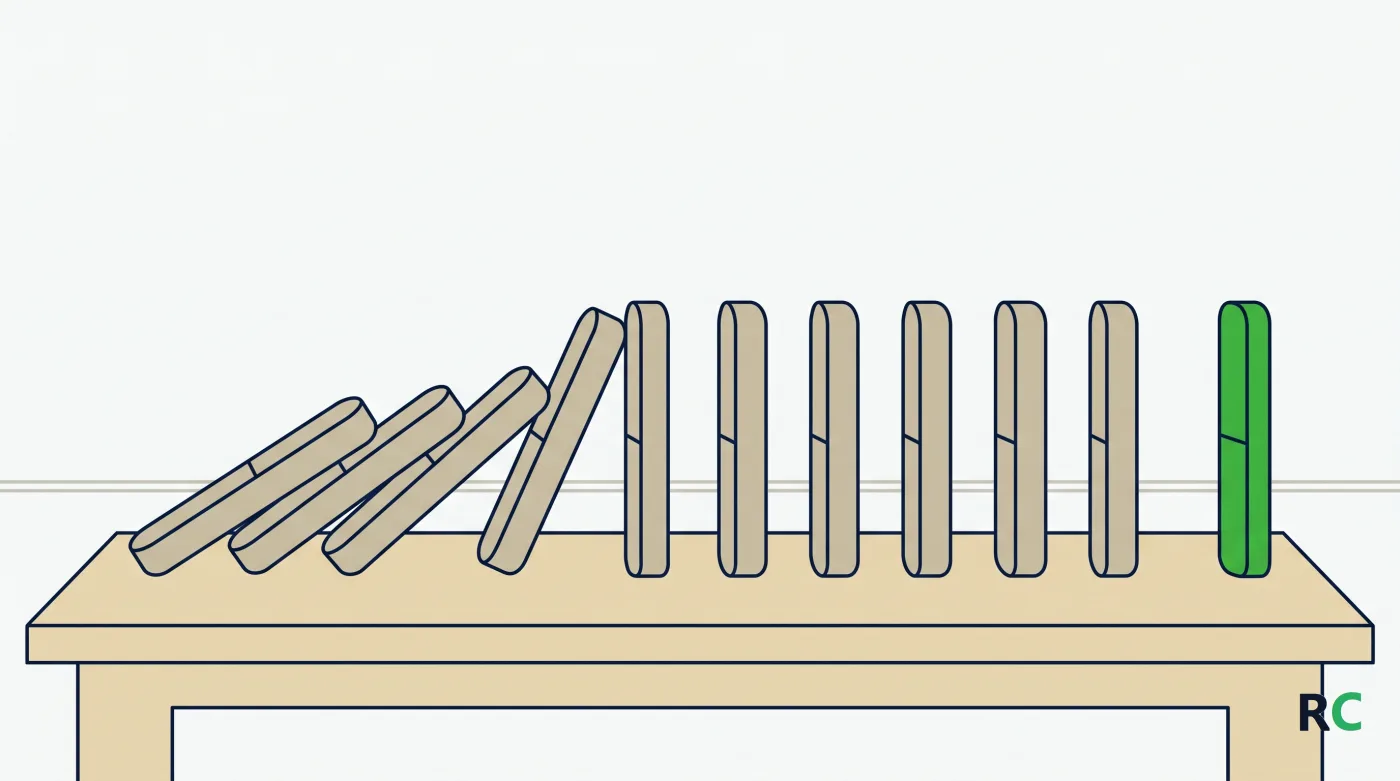 Ilustração de uma fileira de peças em pé com as primeiras tombando