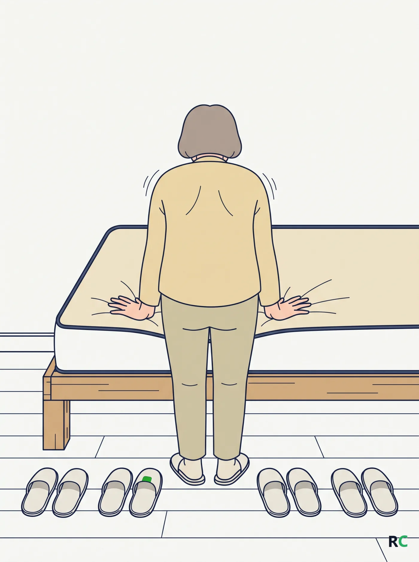 Ilustração vertical de idoso de costas sentado na beira da cama com os pés no chão