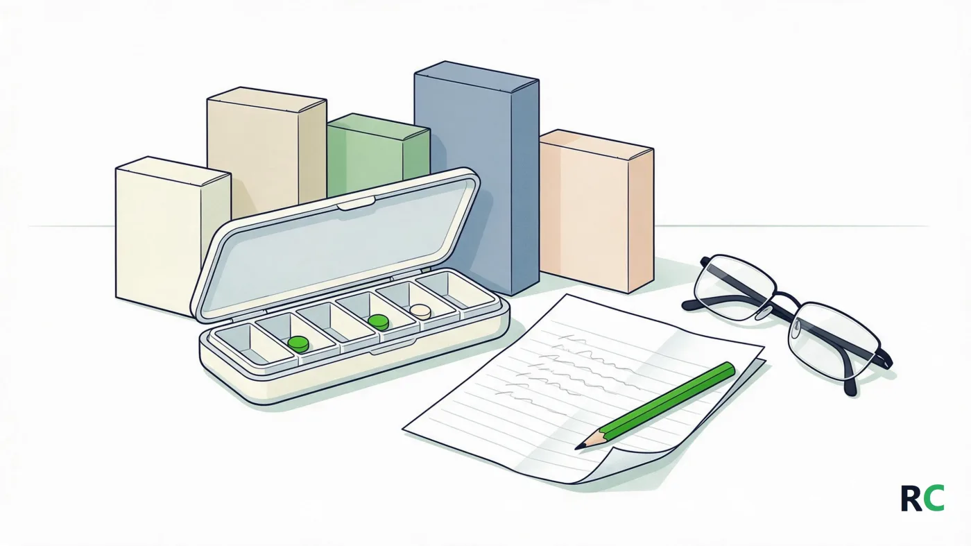 Ilustração de mesa com caixas de remédio alinhadas, uma caixa organizadora semanal aberta e uma folha de papel com a lista escrita à mão ao lado