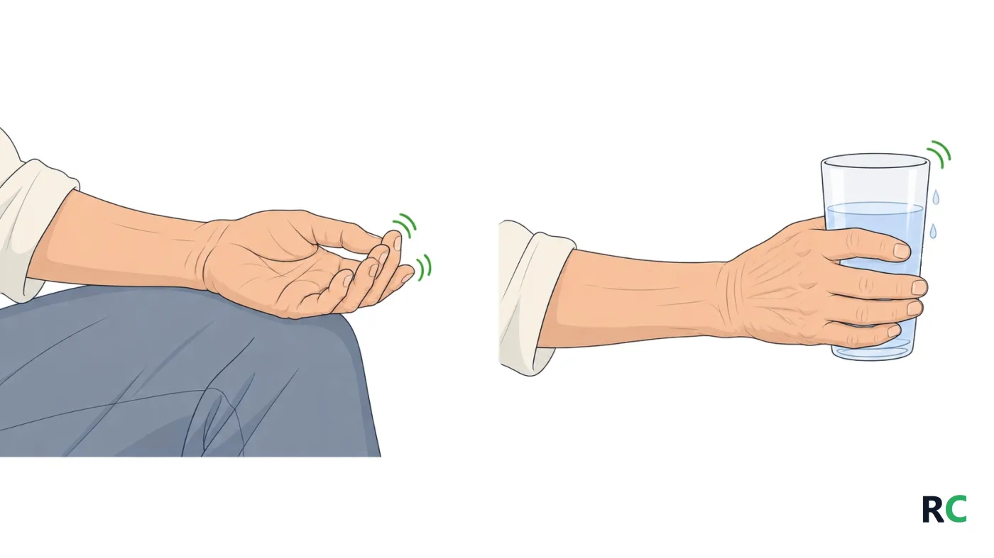 Ilustração comparando duas situações da mesma mão idosa: à esquerda, parada sobre a coxa; à direita, esticada à frente segurando um copo de água