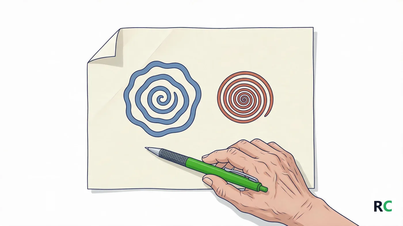 Ilustração de folha de papel sobre a mesa com duas espirais desenhadas à mão, uma com ondulações largas e outra pequena e apertada, e uma caneta apoiada ao lado