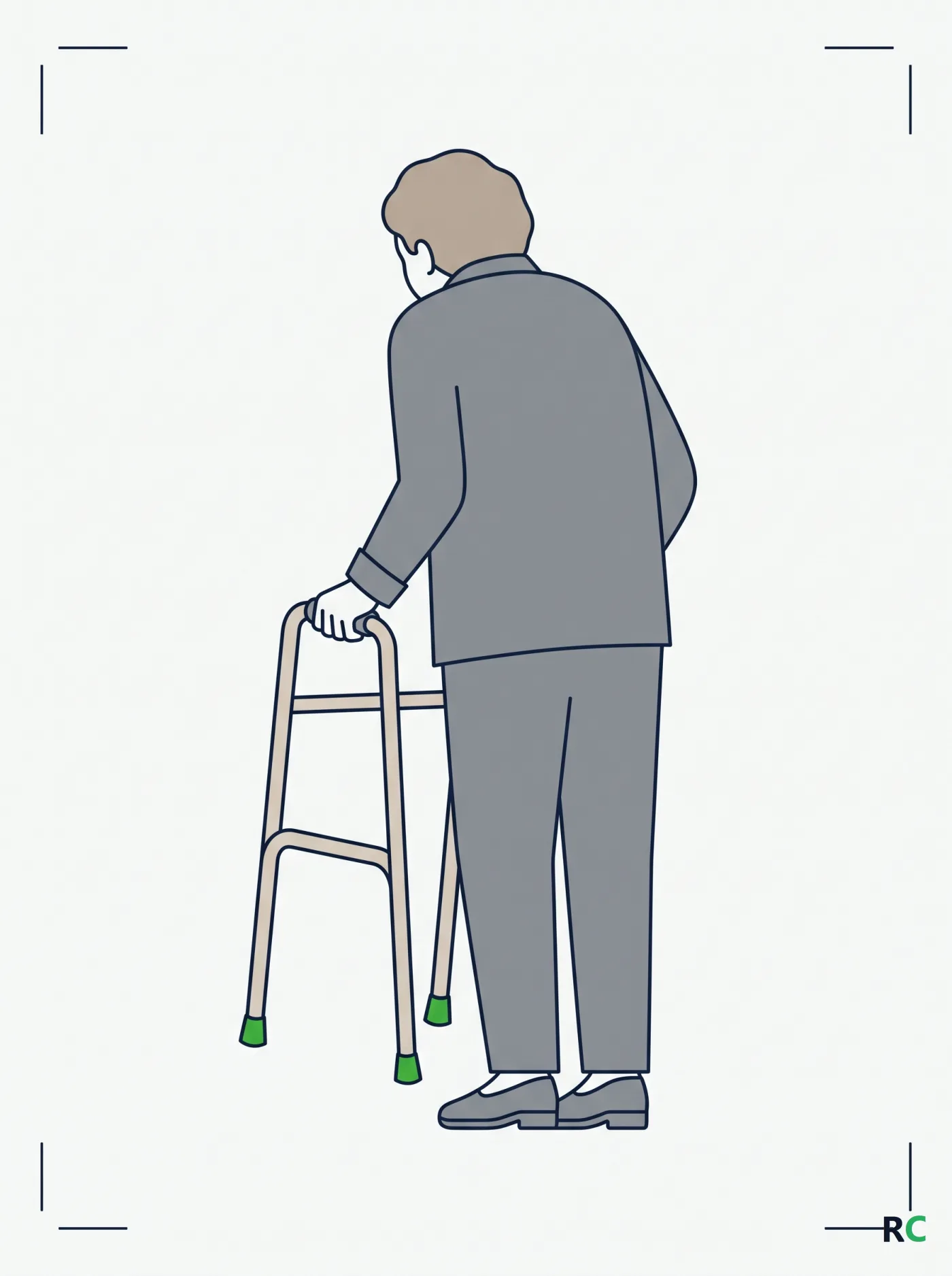 Ilustração vertical de idoso avançando o andador fixo com os pés parados