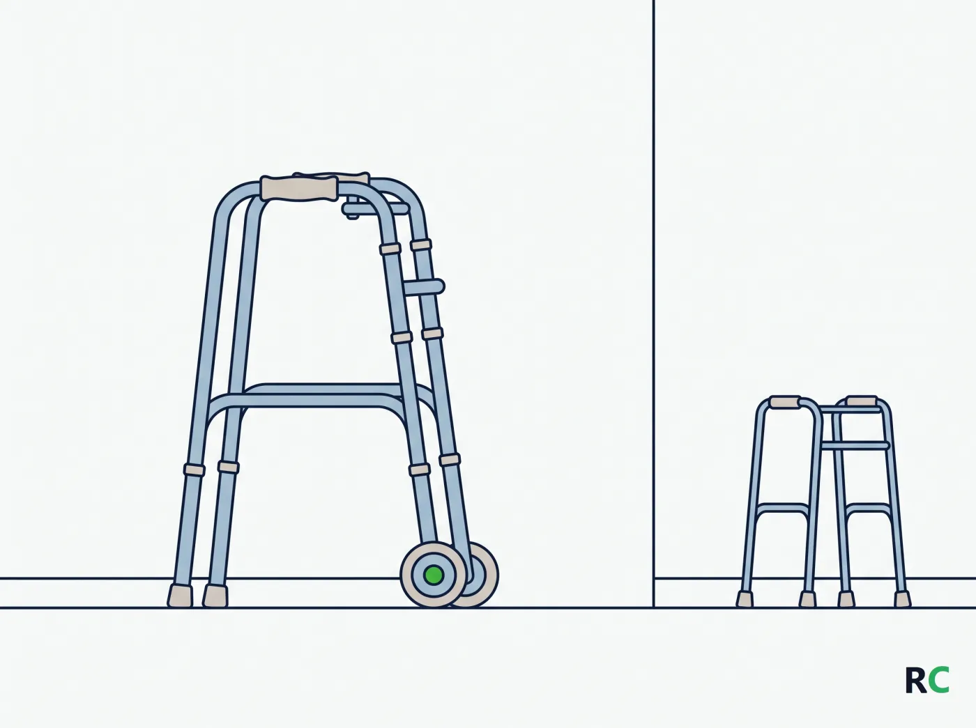 Ilustração comparando o andador com rodas e o andador fixo