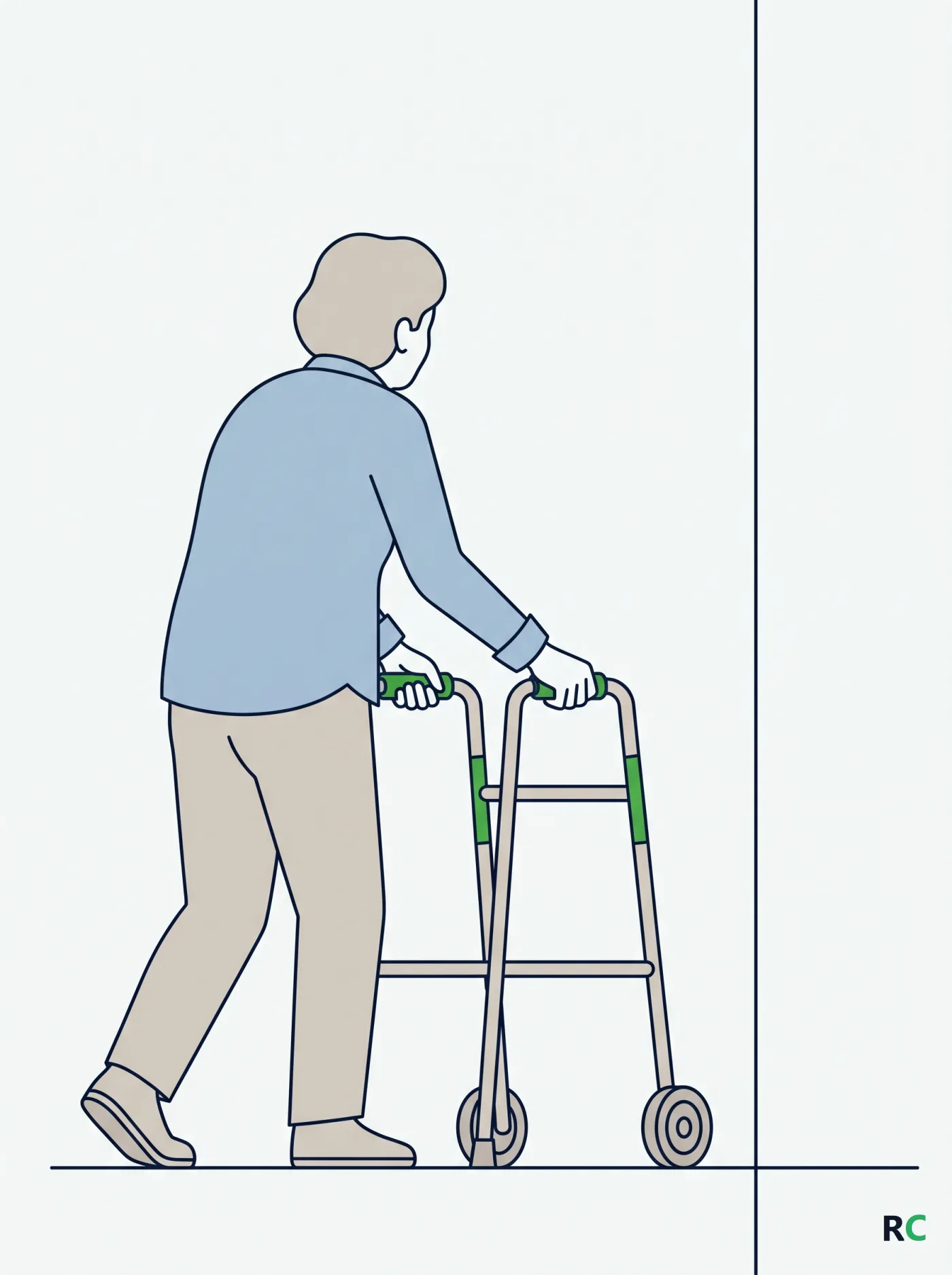 Ilustração vertical de idoso caminhando com andador de duas rodas