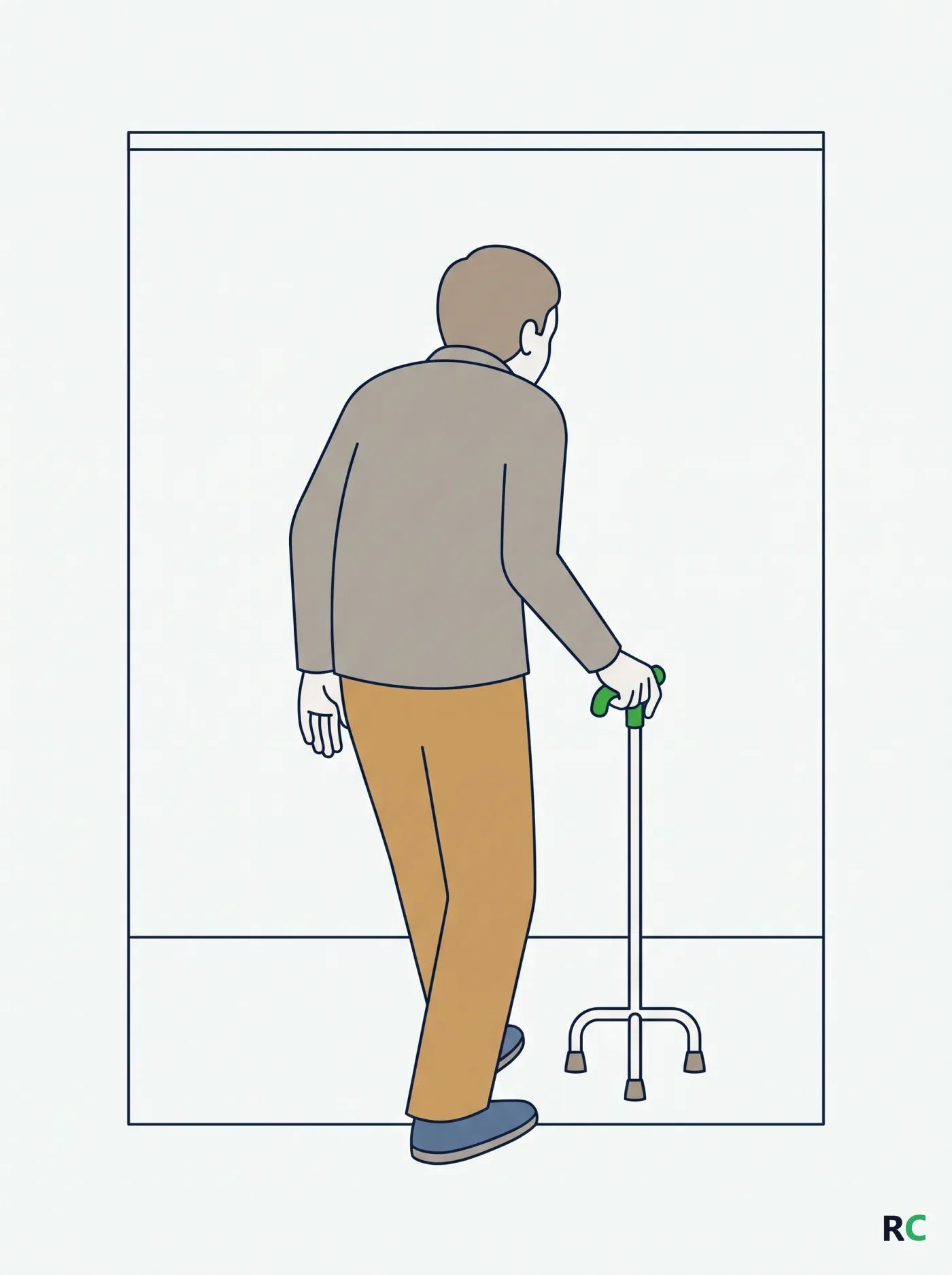 Ilustração vertical de idoso caminhando com bengala quadrípode