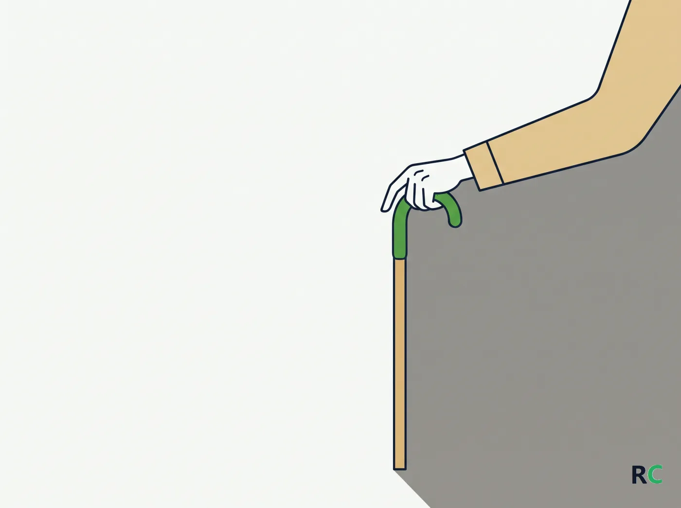 Ilustração de mão apoiada no punho da bengala na altura correta
