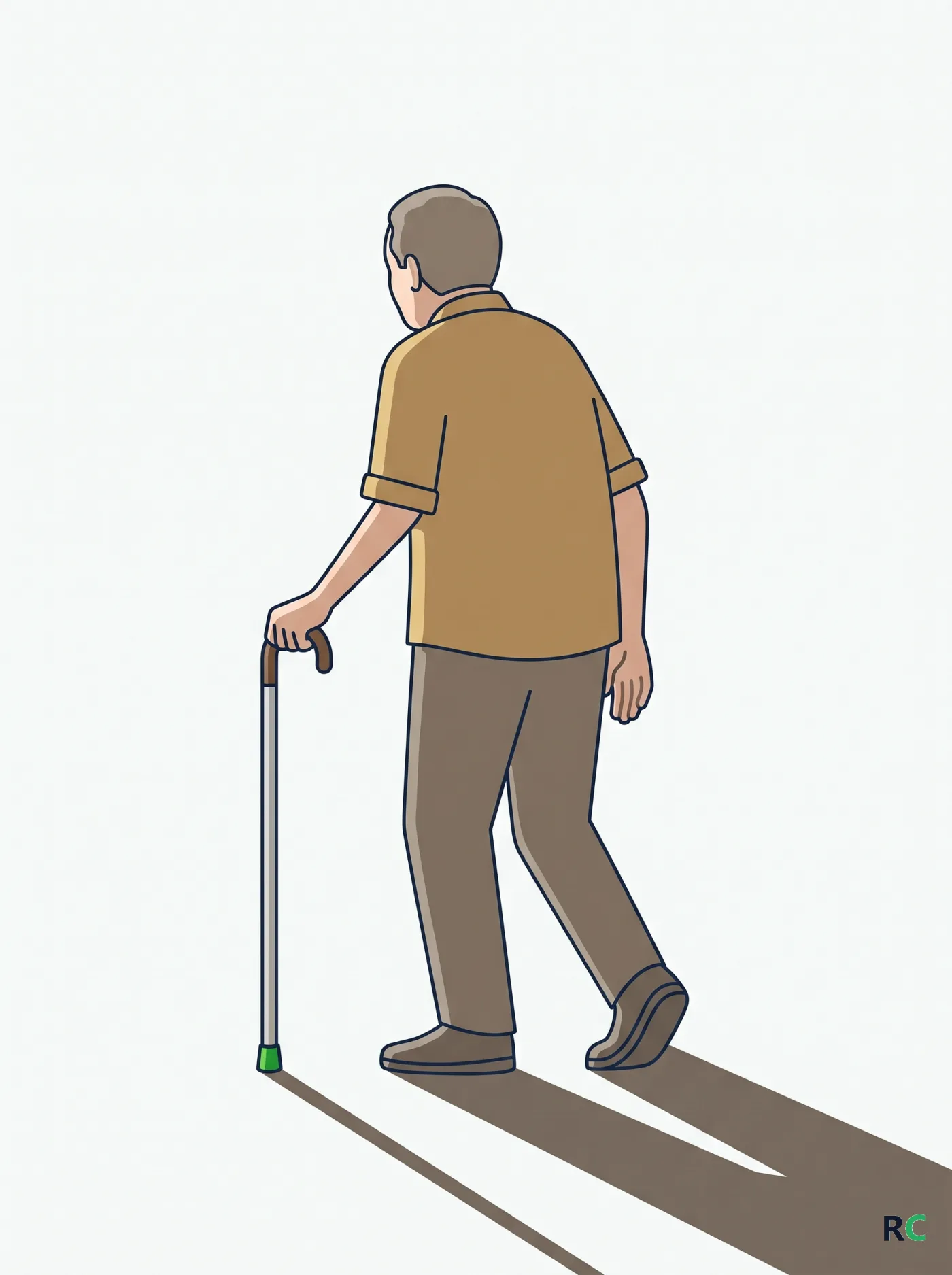 Ilustração vertical de idoso caminhando com bengala na mão contrária