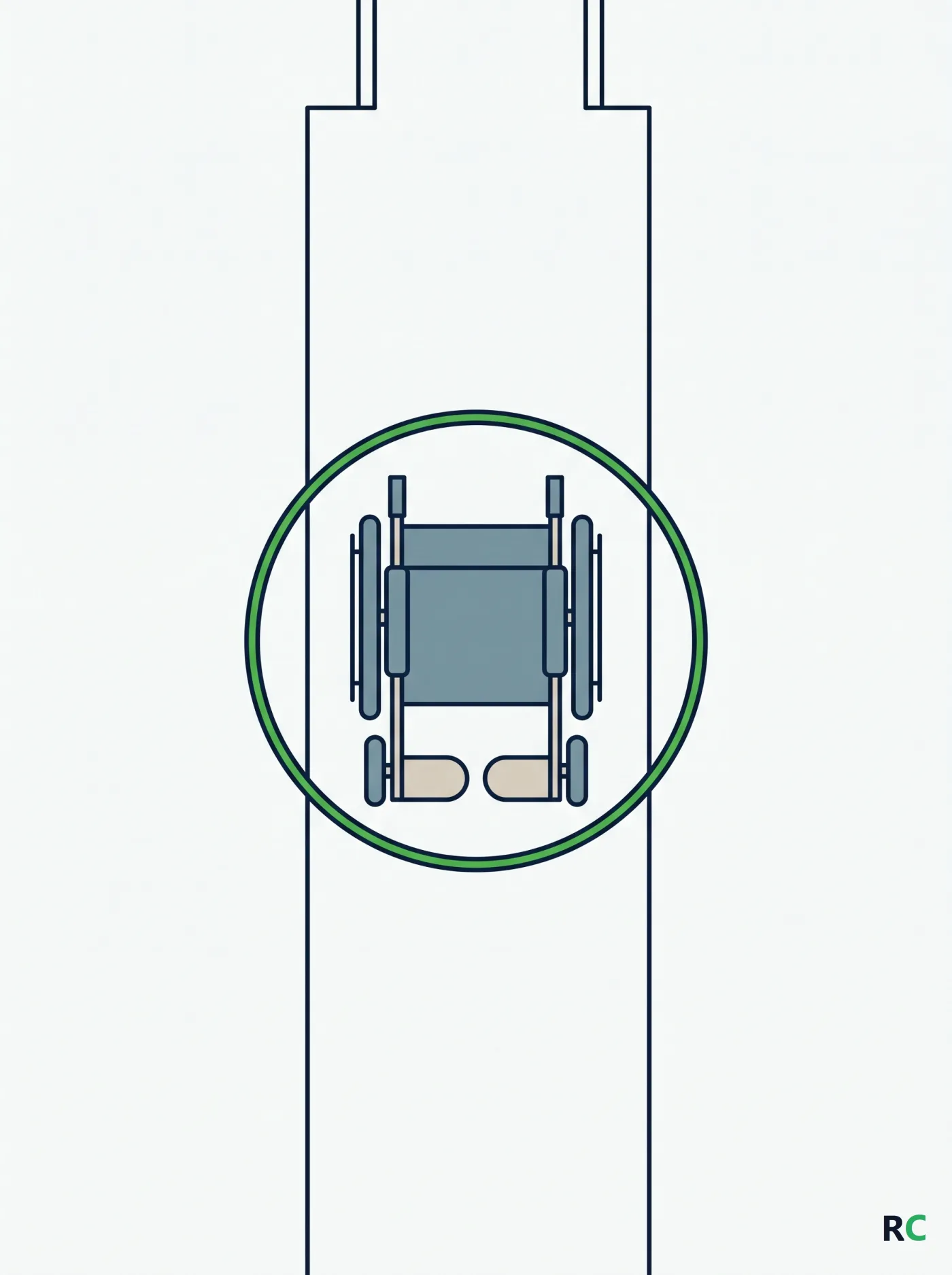 Ilustração vista de cima do corredor com o círculo de giro da cadeira