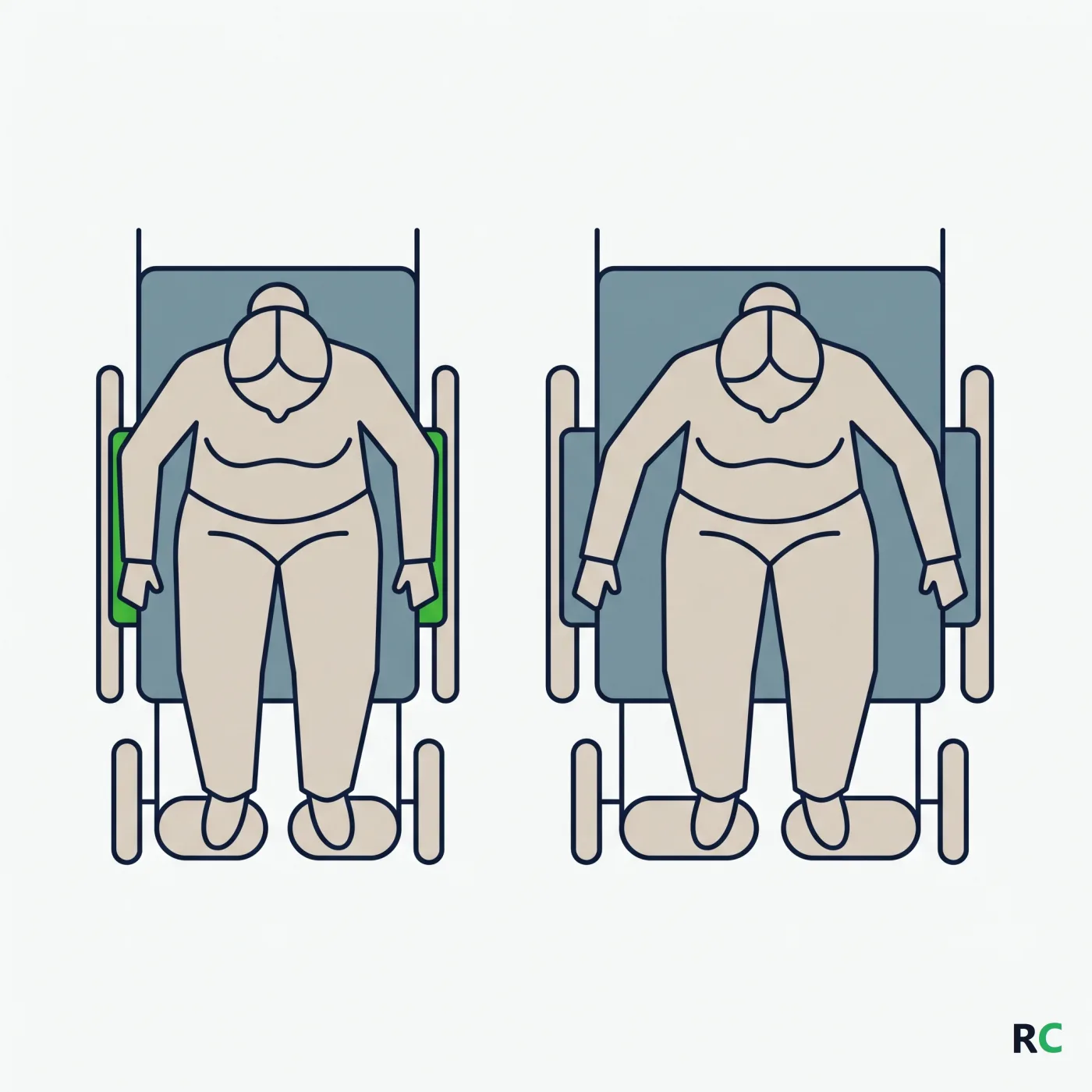 Ilustração comparando um assento estreito e um assento largo demais